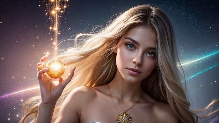 Create a stunning portrait of an ethereal young woman surrounded by a mesmerizing display of magical elements. The woman should have delicate features, with luminous skin that seems to glow from within. Her eyes should sparkle with an otherworldly light, r...