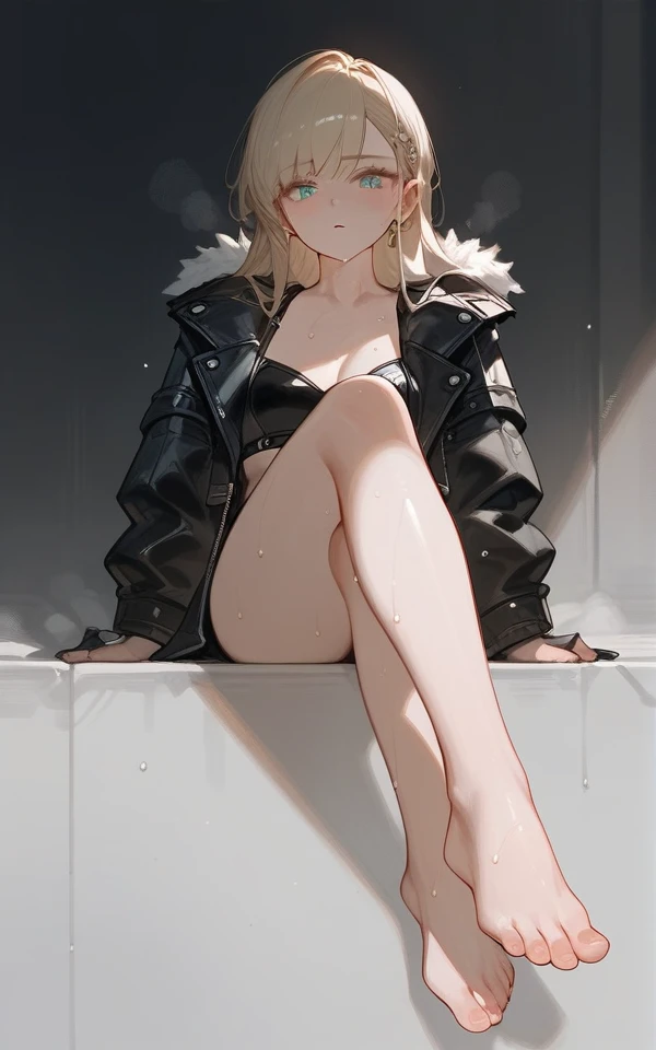 score_9,score_8_superior,score_7_superior,One girl,sole, barefoot,Feet Focus,View your viewers,Sitting,Sweat, A woman wearing a leather jacket has a cool look