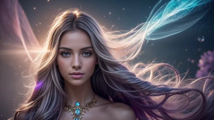 Create a stunning portrait of an ethereal young woman surrounded by a mesmerizing display of magical elements. The woman should have delicate features, with luminous skin that seems to glow from within. Her eyes should sparkle with an otherworldly light, r...