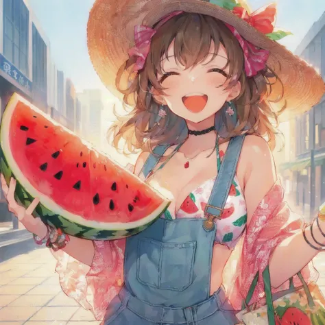 anime girl with a straw hat holding a slice of watermelon,smile, the material is!!! watermelon!!!, everyone, Pixiv, 4K Manga Wallpapers, change,Anime Wallpaper, Pixiv contest winner, anime art wallpaper 4k, anime art wallpaper 4k, 80s anime style,Anime Sty...