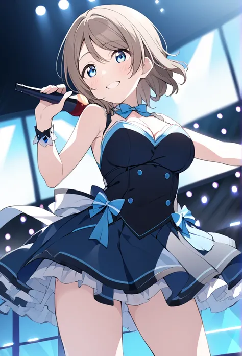 YOU WATANABE, SHORT HAIR, BLUE EYES, BROWN HAIR,,　, live stage, large Breasts, Formal dress smile　solo,