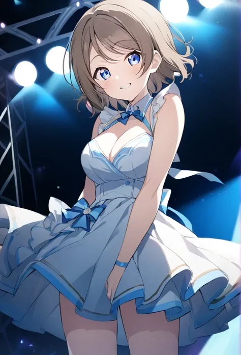 YOU WATANABE, SHORT HAIR, BLUE EYES, BROWN HAIR,,　, live stage, large Breasts, Formal dress smile　solo,