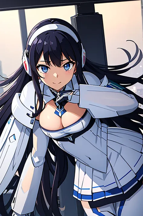 Mecha Wings、White and blue skirt、Accentuated thighs、White tights、chest、Beautiful black hair、1 girl、solo girl、Thick thighs、IS、Frame Arms Girl、Alice Gere Aegis、White Armor、Blue and purple lines、income、headphone、hand on own chest、smile