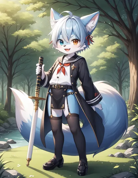 毛茸茸of, fraction_of, pushrod, fox, 独自of, furry , 毛茸茸of, blue and white, flute, tail, 可爱of, 短of, heterochromia, cartoon, flat colo...