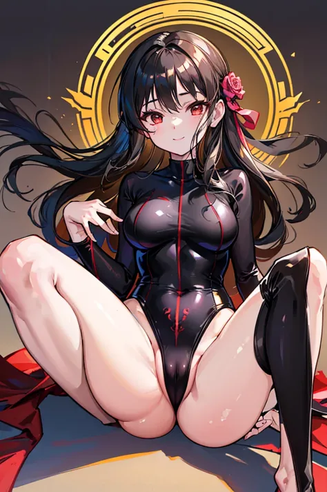 Highest quality　Highest quality　Draw a face carefully　High-definition anime-style face　Super Glowing Skin　Long black hair　Brown leotard　Golden pantyhose　Succubus　lure　smile　squat　Show the soles of your feet　Close up of the soles of the feet
