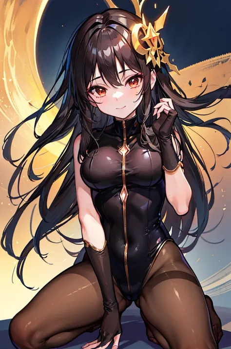 Highest quality　Highest quality　Draw a face carefully　High-definition anime-style face　Super Glowing Skin　Long black hair　Brown leotard　Golden pantyhose　Succubus　lure　smile　squat　Show the soles of your feet　Close up of the soles of the feet
