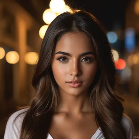 photorealistic portrait of a 21-year-old colombian girl with long, flowing brown hair and striking dark eyes. creates different ...