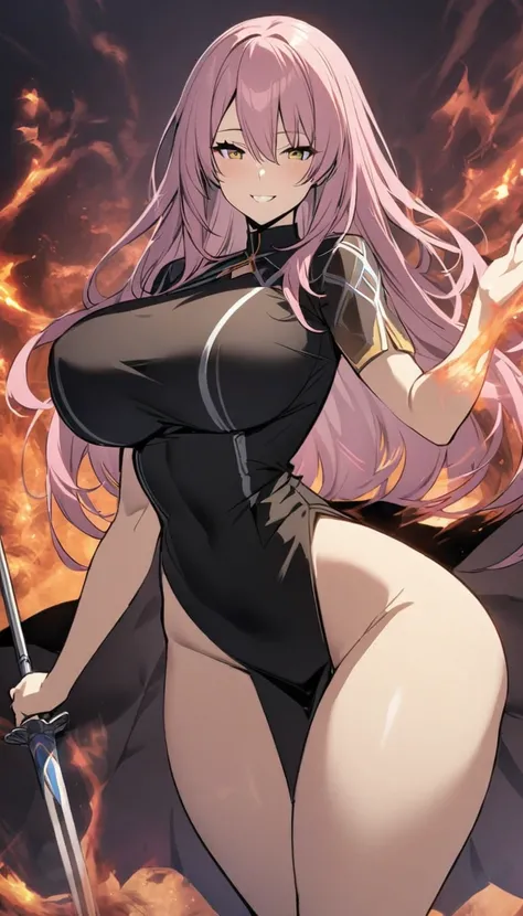 Pretty, solo, female, long hair, pink hair, golden eyes,fantasy black dress noona, big breasts, big thighs, hot, holding a rapier, carefree smile