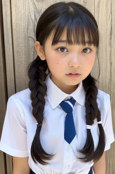 ((highest quality, masterpiece :1.3)), Photorealistic、Ultra-high resolution、Natural skin texture、Hyperrealism、Ultra close-up、12 year old beautiful Japanese girl、Twin tail hair、well-shaped breasts、White collared shirt and tie、mini skirt、Frightened expressio...