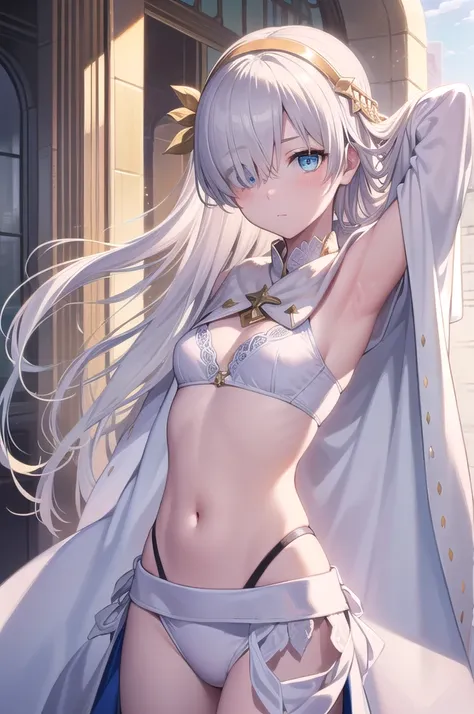 ((close up of face)),((Show your armpits)),fgoAnastasia, Anastasia, blue eyes, Grey Hair, Hair between the eyes, (Hair on one eye:1.5), Long Hair, bangs,((White Bikini)),((Put your arms behind your back)),
break blue Cape, brown hair band, Cape, dress, Fur...