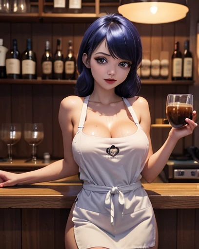 degenerate girl, big tits , wet pussy, asymmetrical face, blue eyes,  naked curvy barista, monkey apron only,  perfect detailed 12k, cafe and bar, With lights ,gothic makeup 