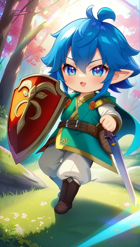 a chibi Link character from The Legend of Zelda, adventuring in a fantasy landscape, cute, whimsical, 1boy, beautiful detailed eyes, beautiful detailed lips, extremely detailed face, longeyelashes, tunic, sword and shield, forest, mountains, clouds, sunlig...