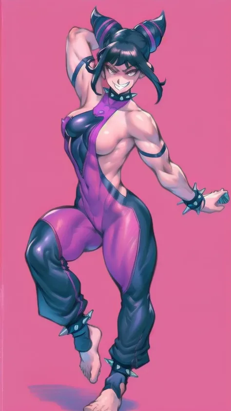 Full body image of Juri Han from Street Fighter 5, wearing her original outfit (black and purple clothes with spiked accents, barefoot with taped feet, and arm guards), short black hair styled in twin buns, female body, athletic and flexible body, dynamic ...