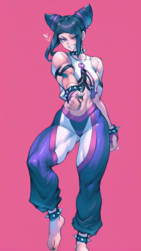 Full body image of Juri Han from Street Fighter 5, wearing her original outfit (black and purple clothes with spiked accents, barefoot with taped feet, and arm guards), short black hair styled in twin buns, female body, athletic and flexible body, dynamic ...