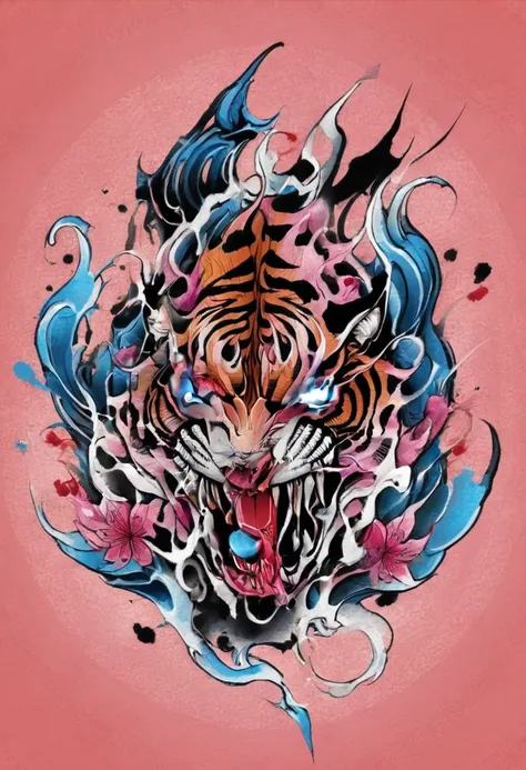 traditional japanese tattoo design, realistic tattoo art of orange tiger with (((blue eyes))) with pink sakura petal effect ,he ...