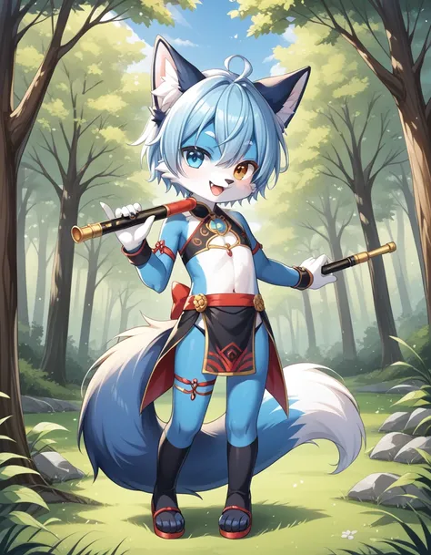 毛茸茸of, fraction_of, pushrod, fox, 独自of, furry , 毛茸茸of, blue and white, flute, tail, 可爱of, 短of, heterochromia, cartoon, flat colo...