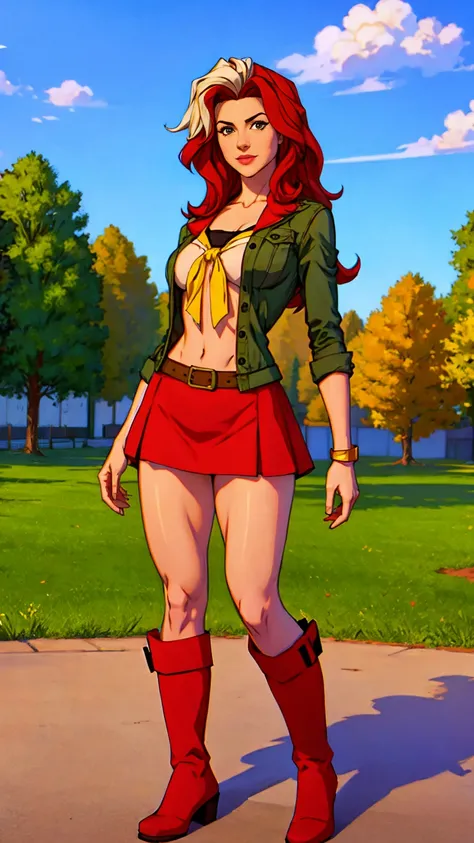 ((Full body shot, standing, feet on the ground)) Rogue, , (realistic, photorealistic, photorealistic: 1.37), full body shot, yellow high boots, very voluminous hair, beauty pose, in foot, exposed feet, outdoors, green bandana
