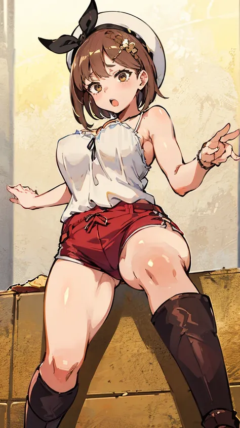 (Highest quality, 8k, masterpiece :1.3),Lizaリン・シュタウト(Lizaのアトリエ),Liza, One woman,Large Breasts,short hair,Brown Hair,hair band,Clothing,hat,White shirt,White camisole,Red shorts,Brown long boots,Blowjob,nsfw,Plump body,Thighs,Full Nelson Pose,Armlock,Piledr...