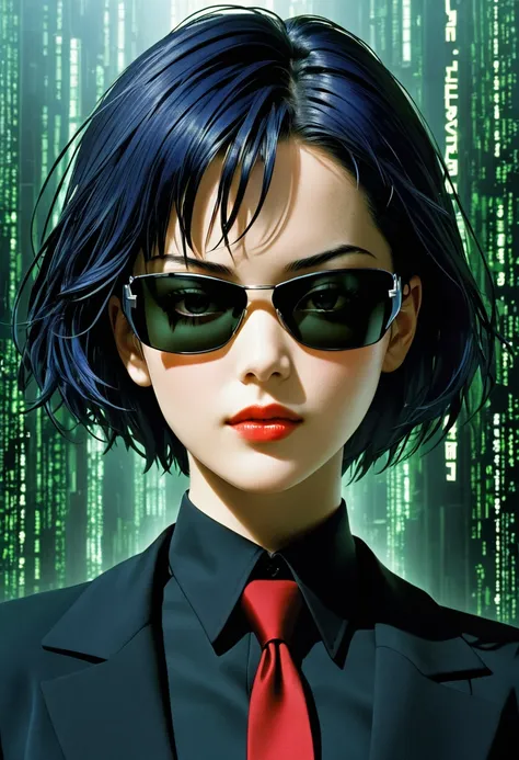 (masterpiece, best quality,ultra highres), (movie poster art,title  of "the matrix"),in the center of the poster,heroine girl in...