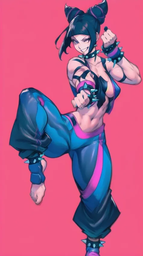 Full body image of Juri Han from Street Fighter 5, wearing her original outfit (black and purple clothes with spiked accents, barefoot with taped feet, and arm guards), short black hair styled in twin buns, female body, athletic and flexible body, dynamic ...