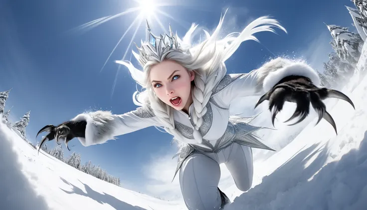 Realistic photos, RAW Photos, The snow queen, attacks viewer, Powerful movements, jump on prey, ((Dynamic jump)), Sharp Claws, The snow queen approaching from above, sudden approach, Bad-tempered, dynamic Shot from grand