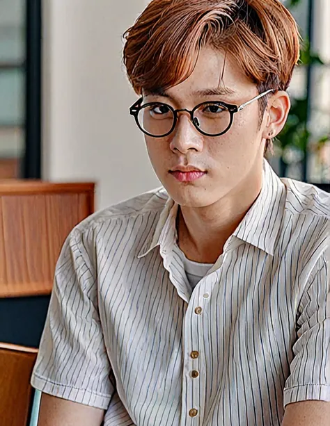 A handsome young man with a striking resemblance to a popular K-pop idol sits pensively, his gaze fixed upon us. He wears a crisp white shirt, complete with a collar and short sleeves, and a pair of stylish glasses. His short brown hair is neatly styled.