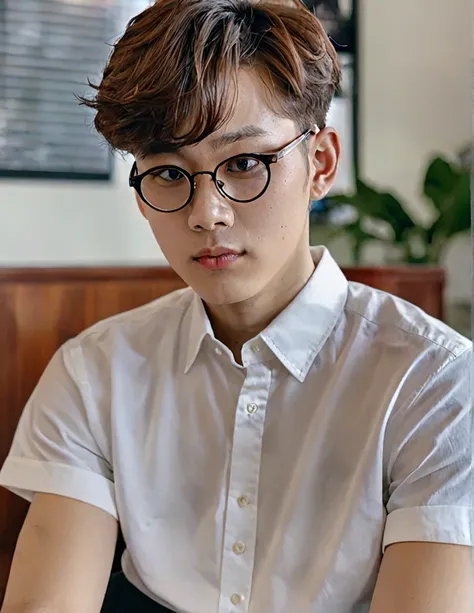 A handsome young man with a striking resemblance to a popular K-pop idol sits pensively, his gaze fixed upon us. He wears a crisp white shirt, complete with a collar and short sleeves, and a pair of stylish glasses. His short brown hair is neatly styled.