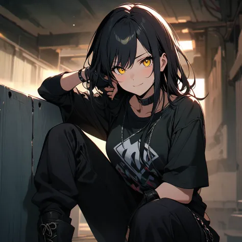 (well done: 1) Woman, long straight black hair, yellow eyes, black choker, loose white long-sleeved t-shirt, black fingerless gloves, black pants with some chains around them, black boots.