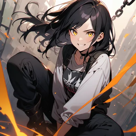 (well done: 1) Woman, long straight black hair, yellow eyes, black choker, loose white long-sleeved t-shirt, black fingerless gloves, black pants with some chains around them, black boots.