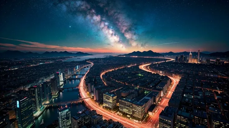 Wonderful landscape、Highest quality、Cityscape、Including sky、Starry Sky、night、Big Moon、Moonlit cityscape、building、There are no people,　Makoto Shinkais Worldview, ８K quality, Neon glows, Breathtakingly beautiful scenery, 