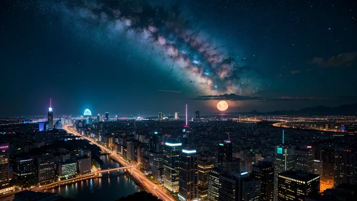 Wonderful landscape、Highest quality、Cityscape、Including sky、Starry Sky、night、Big Moon、Moonlit cityscape、building、There are no people,　Makoto Shinkais Worldview, ８K quality, Neon glows, Breathtakingly beautiful scenery, 