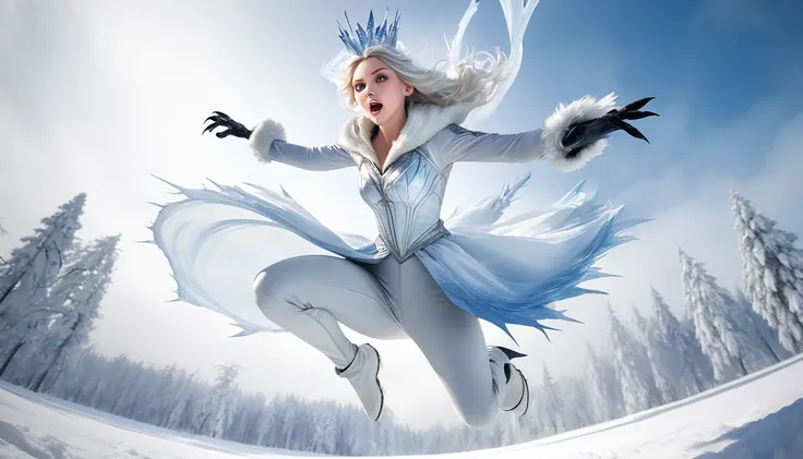 Realistic photos, RAW Photos, The snow queen, attacks viewer, Powerful movements, jump on prey, ((Dynamic jump)), Sharp Claws, The snow queen approaching from above, sudden approach, Bad-tempered, dynamic Shot from grand