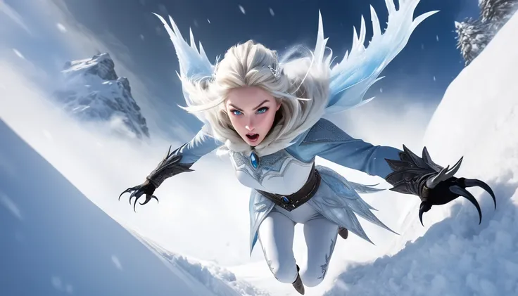 Realistic photos, RAW Photos, The snow queen, attacks viewer, Powerful movements, jump on prey, ((Dynamic jump)), Sharp Claws, The snow queen approaching from above, sudden approach, Bad-tempered, dynamic Shot from grand