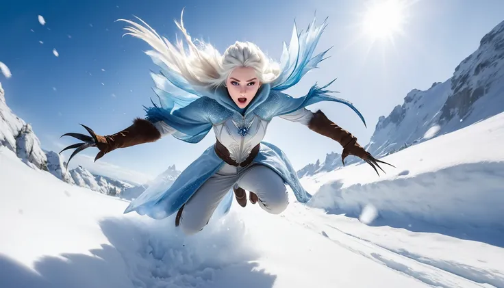 Realistic photos, RAW Photos, The snow queen, attacks viewer, Powerful movements, jump on prey, ((Dynamic jump)), Sharp Claws, The snow queen approaching from above, sudden approach, Bad-tempered, dynamic Shot from grand