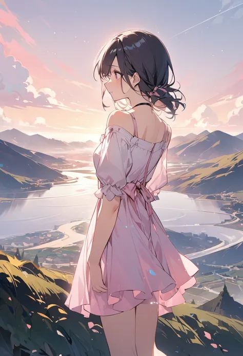 A thin pink dress、Thin shoulder strap、Landscape、Look to the side、