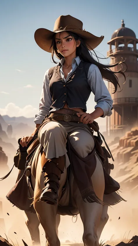 Get ready to be transported to the Wild West with this visually descriptive and detailed image of a cowgirl on horseback. The stylistic rendering captures the essence of the character, from her rugged attire to her fierce determination.