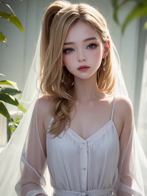 Dazzling golden shine、Silky baby blonde fine hair、ponytail、Super long straight hair、Hitting the face and front of the eyes、bright, Very beautiful pale marine blue eyes、Sheer white and wet nightgown、Nordic youth、Perfect body、White beautiful skin、Glowing Ski...