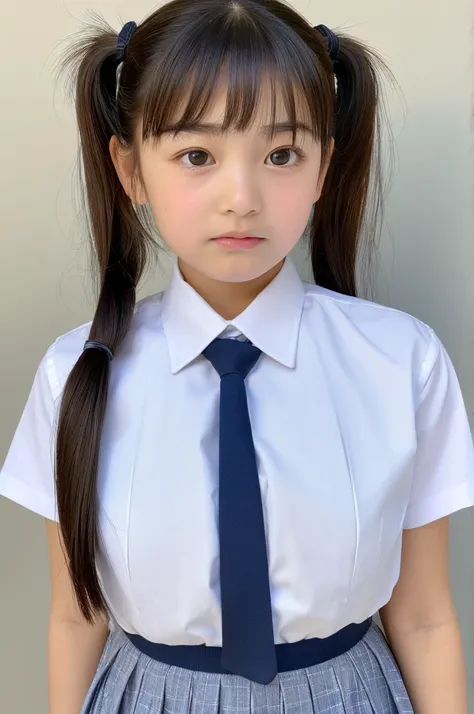 ((highest quality, masterpiece :1.3)), Photorealistic、Ultra-high resolution、Natural skin texture、Hyperrealism、Ultra close-up、12 year old beautiful Japanese girl、Twin tail hair、well-shaped breasts、White collared shirt and tie、mini skirt、Frightened expressio...