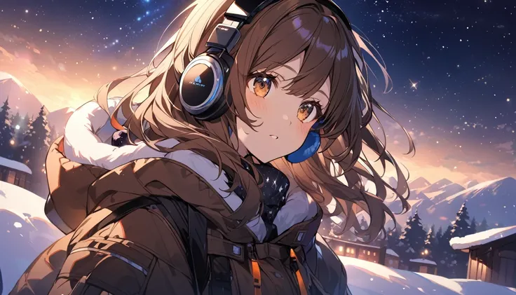 Girl wearing headphones,Brown Hair,1 person,bright,Detailed Background,Winter Starry Sky - Look at the stars shining in the winter night sky