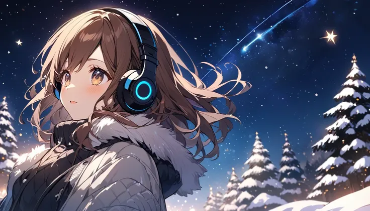 Girl wearing headphones,Brown Hair,1 person,bright,Detailed Background,Winter Starry Sky - Look at the stars shining in the winter night sky