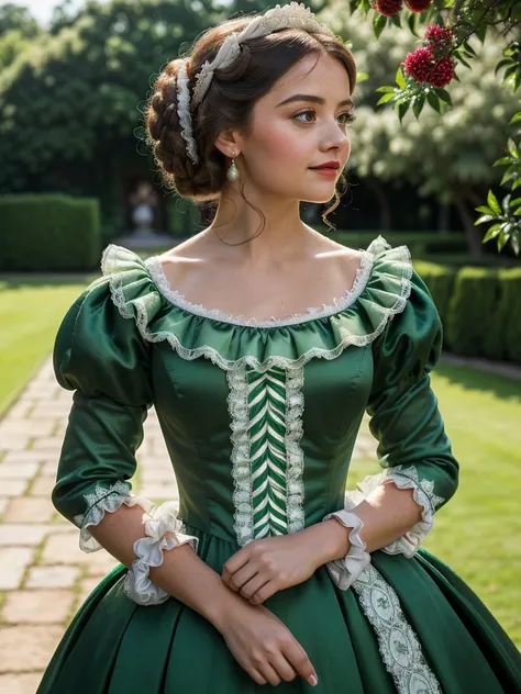 (best quality, 10k high res, masterpiece:1.2), ultra-detailed, (photo-realistic:1.37), ((best quality)), ((masterpiece)), (detailed), ((Jenna Coleman as a refined little lady from the Elizabethan era standing in a lavish stately garden in brilliant sunshin...