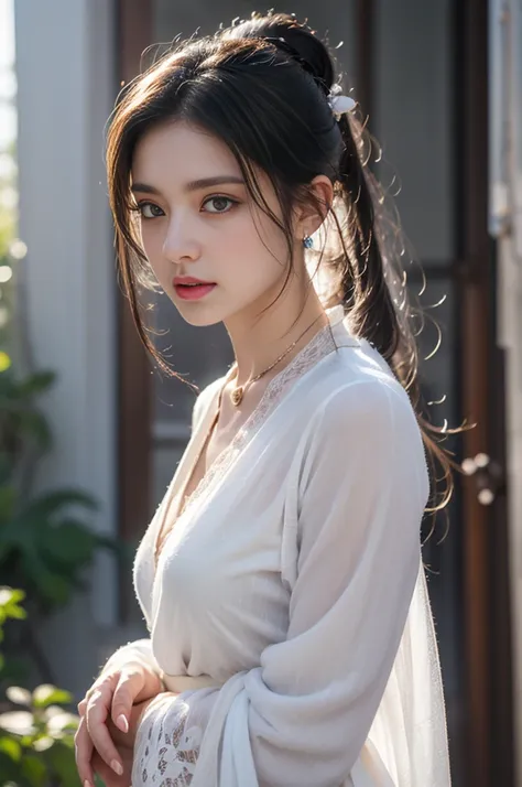 1 beautiful girl in Hanfu costume, ((black thin purple silk shirt with a lot of texture)), white lace top, long purple platinum ponytail Hair, Jewelry, ear jewelry, necklaces and necklaces, carefully drawn big purple eyes, makeup careful, thin eyebrows, hi...