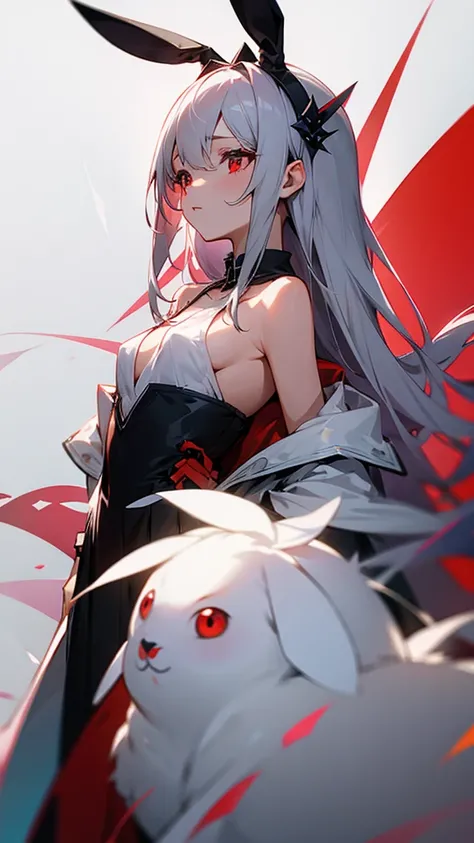 girl、Gray-haired、Long-haired、Red-eyed、Small breasts、Rabbit hair accessory、naked、 (Red eyes: 1.2)、