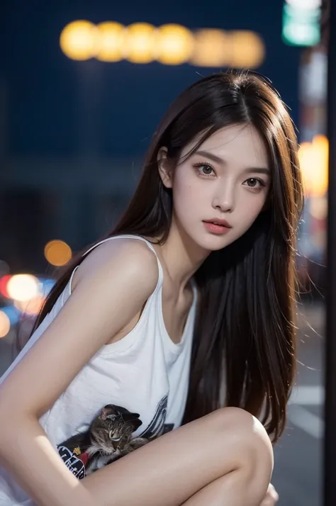 (Best quality, High resolution, Masterpiece :1.3), A pretty woman, Slender figure, Dark brown hair, T-shirt, (Street in city at night), Highly detailed face and skin texture, Detailed eyes, Double eyelid and cats