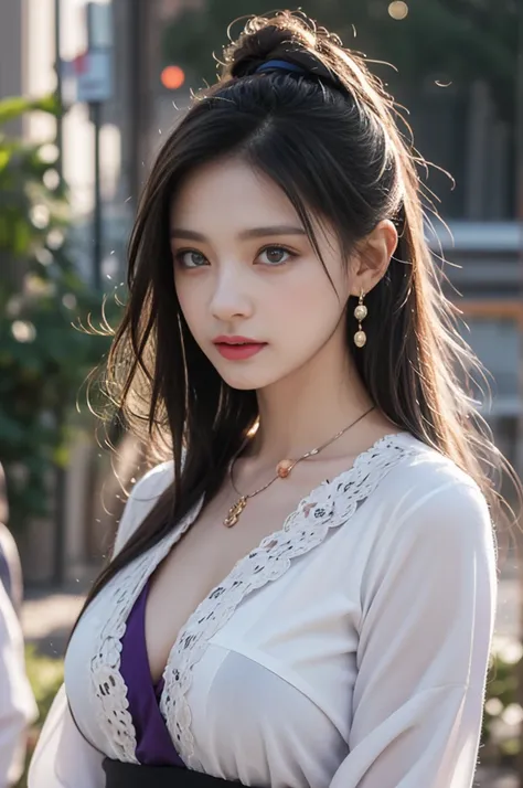 1 beautiful girl in Hanfu costume, ((black thin purple silk shirt with a lot of texture)), white lace top, long purple platinum ponytail Hair, Jewelry, ear jewelry, necklaces and necklaces, carefully drawn big purple eyes, makeup careful, thin eyebrows, hi...