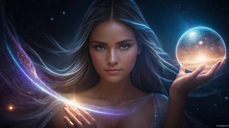 "a stunning portrait of an enchanting young woman surrounded by a mesmerizing aura of magical stardust. her delicate features ar...