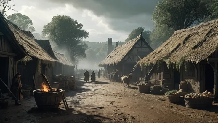 Create an image of a medieval village nestled in the heart of a dense, dark forest, experiencing a severe food crisis and hunger. The village, consisting of small, thatched-roof cottages and simple wooden structures, appears weathered and worn. The forest ...