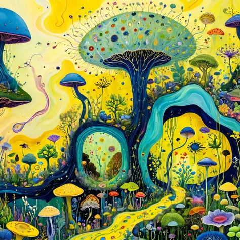 Intense visual fusion of various elements，broto，microorganism、plantar、wild animal life，Stitching an abstract painting，Describing the inner world of autistic people，Sense of space，blank space，interesting，innocence，psychedelic art，yellow