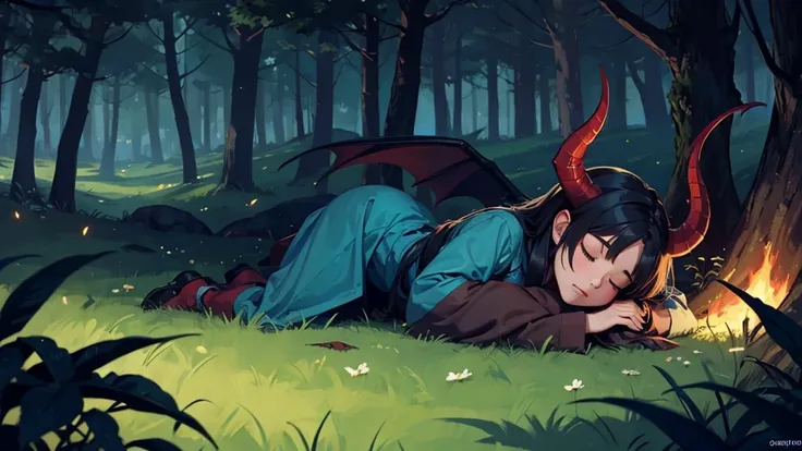 demon girl ,sleeping in the forest