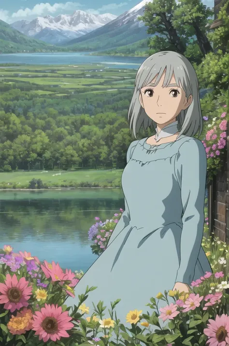 upper body, (best quality), (masterpiece), (solo), 1girl, grey hair, brown eyed, medium length hair, blue dress, grass, flowers, lake, trees, mountains, sunny, looking at viewer